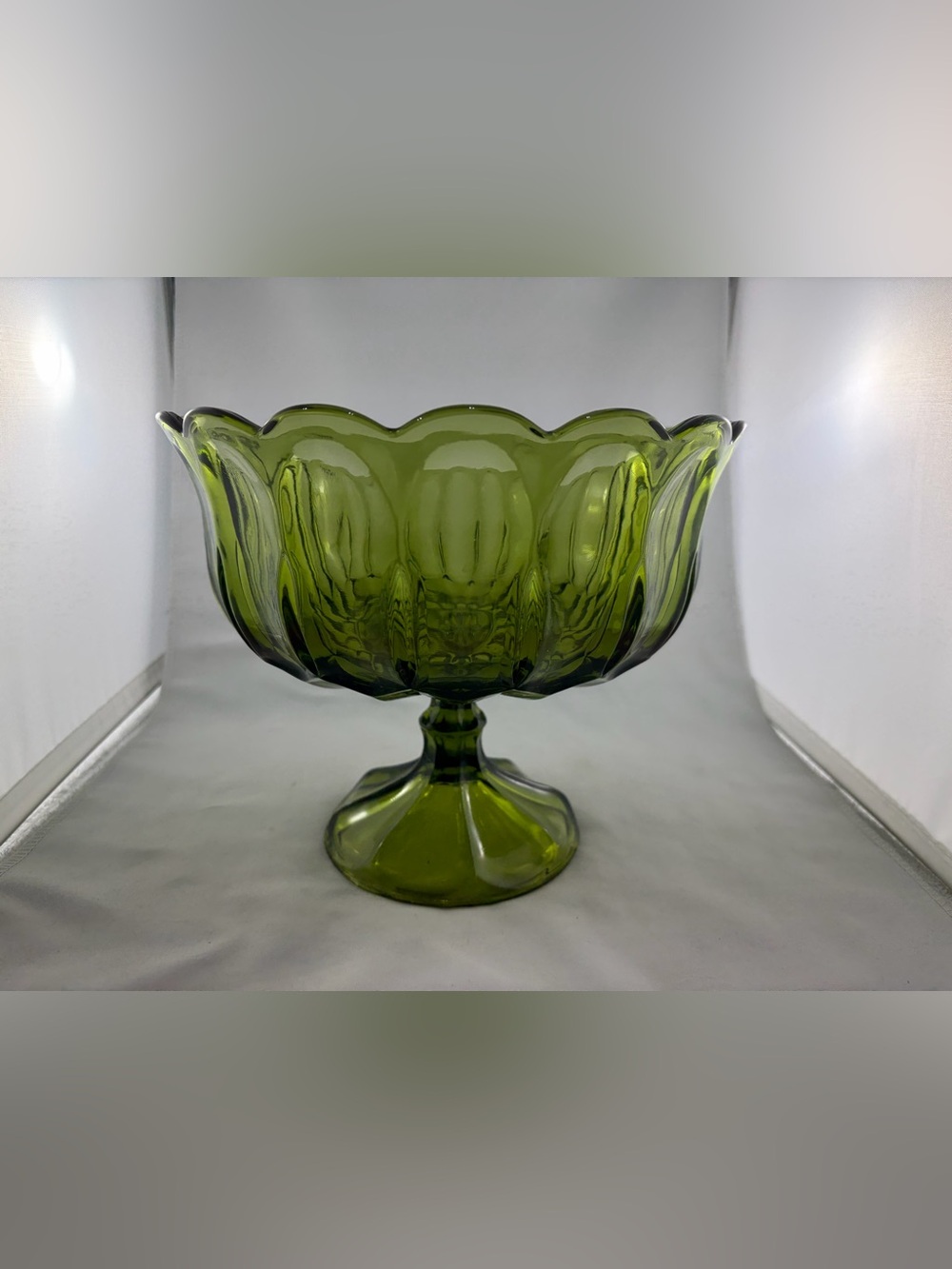 Vintage Indiana Glass Duette Large Pedestal Bowl Avocado Green Centerpiece